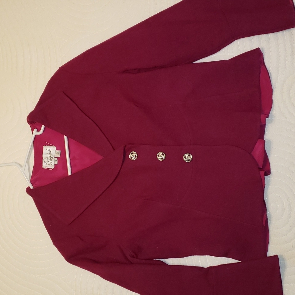Handmade Raspberry wool skirt suit, silk lined, women's 14